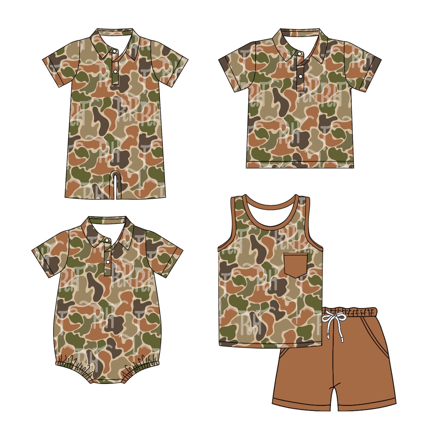 Preorder moq 5 Custom Baby Boys Short Sleeves Button Pocket Brown Camo Top Short Set Polo Shirts And Rompers
