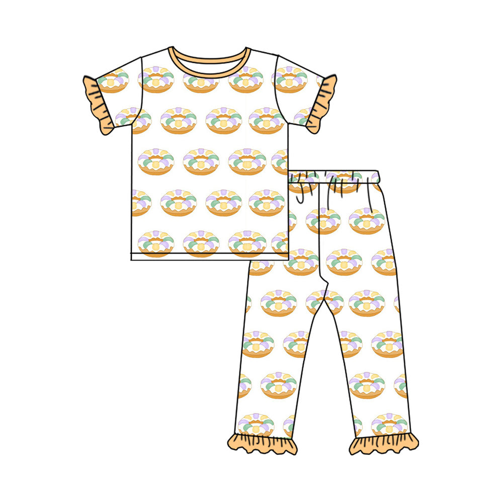 Preorder (moq 5)Baby Girls Donuts Top Ruffle Pants Pajamas Clothes Sets