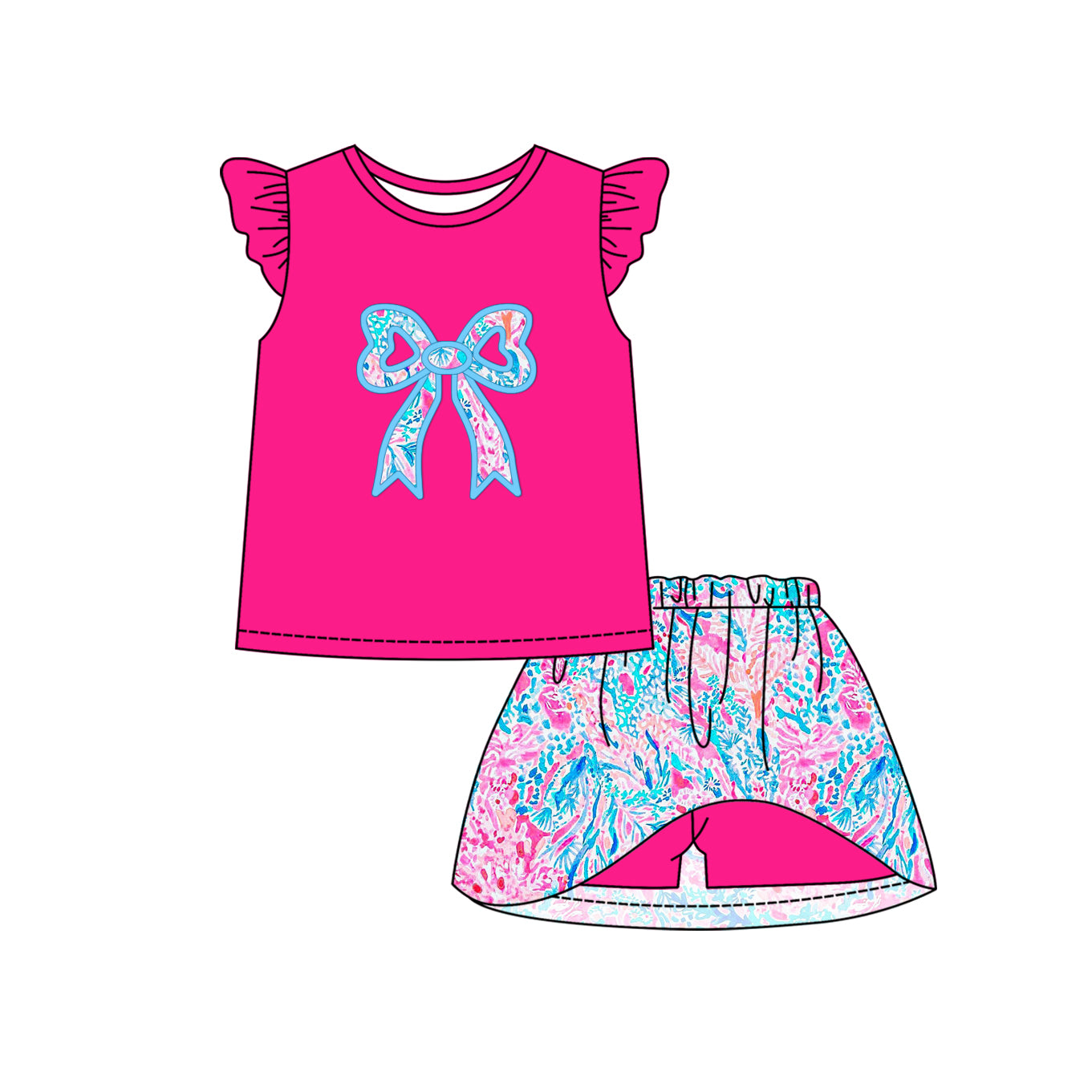 Preorder (moq 5)Baby Girls Dark Pink Bow Print Shirt Flowers Shorts Skirts Outfits Clothes Sets