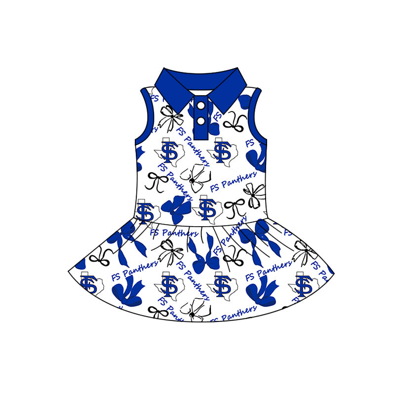 Preorder (moq 5)Baby Girls FS Panthers Sleeveless Bows Button Team Knee Length Dresses