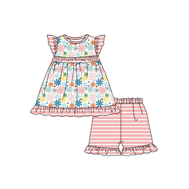 Baby Girls Pink Flowers Tunic Ruffle Stripes Shorts Clothes Sets preorder(moq 5)
