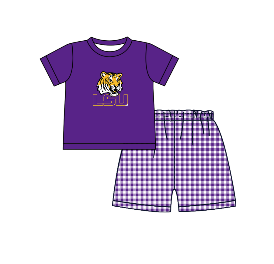 Preorder (moq 5)Baby Boys Purple Short Sleeve LSU Tiger Top Checked Shorts Team Clothes Sets