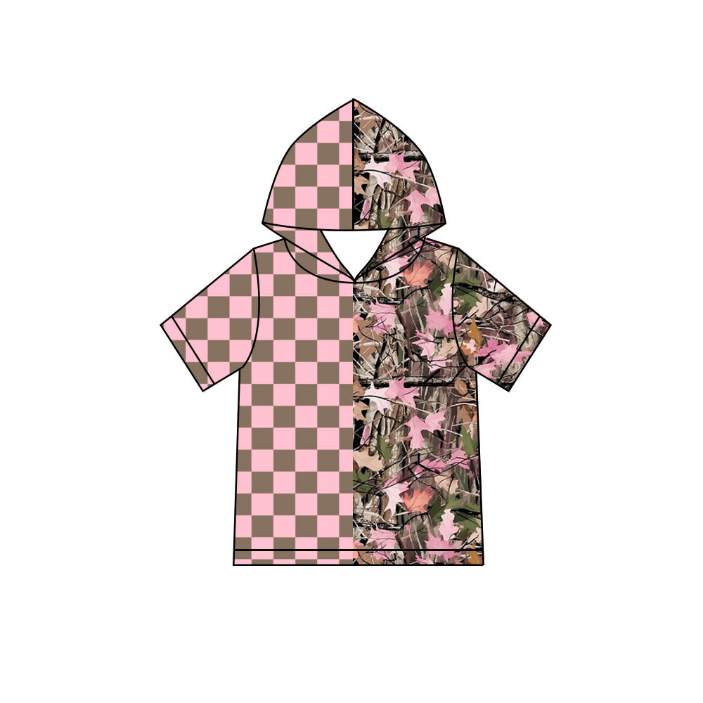Preorder (moq 5) Girls Pink Checkered Camouflage Hooded Short Sleeve Tops