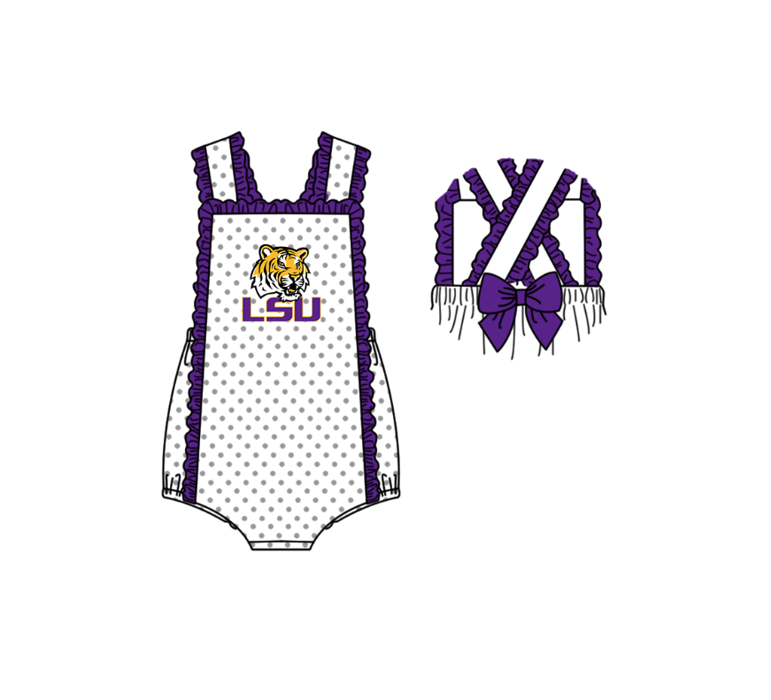 Preorder (moq 5)Baby Girls Strap LSU Tiger Polka Dots Back Bow Team Ruffle Rompers
