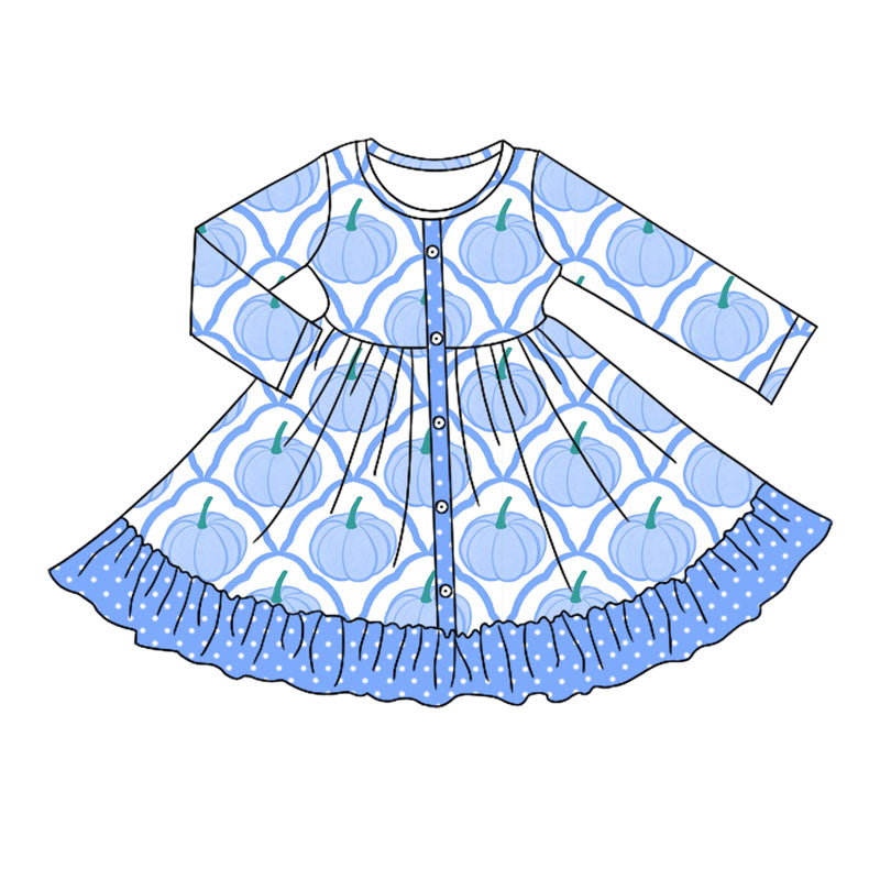 Preorder moq 5 Baby Girls Long Sleeves Blue Pumpkins Plaid Button Ruffle Knee Length Dresses