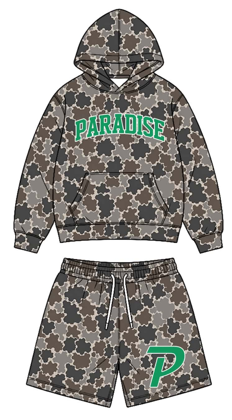 Preorder (moq 5)Baby Boys Brown Camo Paradise Pocket Hoodie Short Team Clothes Sets