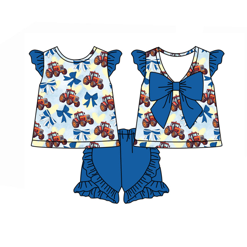 Preorder(moq 5)Baby Girls Trucks Bows Top Ruffle Shorts Clothes Sets