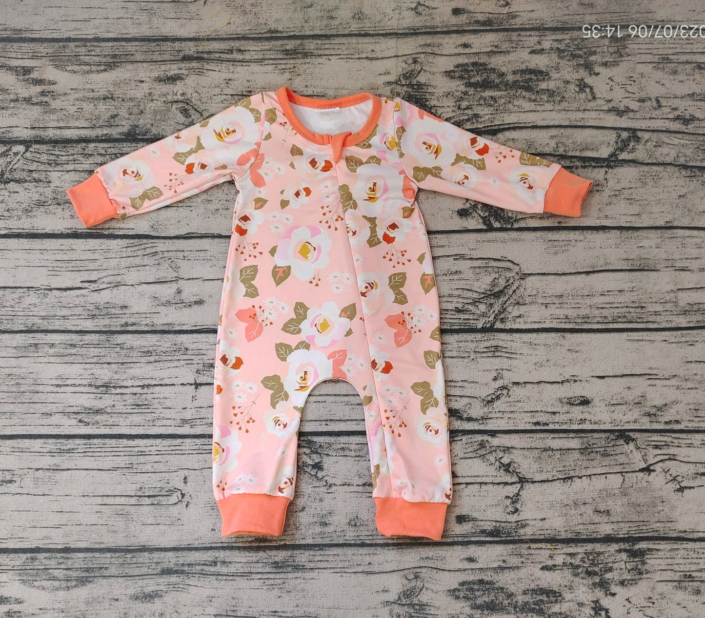 Baby Girls Orange Flowers Long Sleeve Zip Rompers