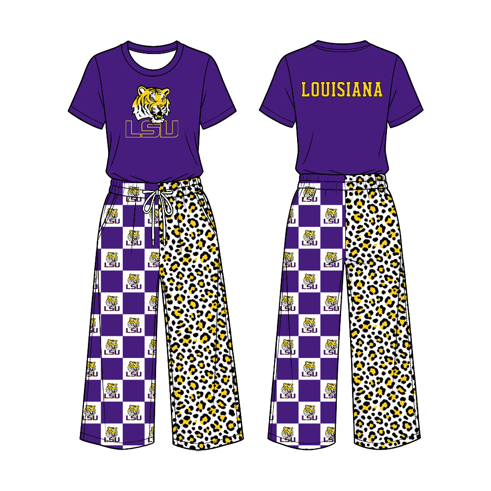 Preorder (moq 5) Baby Girl Clothes LSU Tigers Tiger Checker Leopard Mixed Print Short Sleeve Top Wide Leg Pant Outfit Set