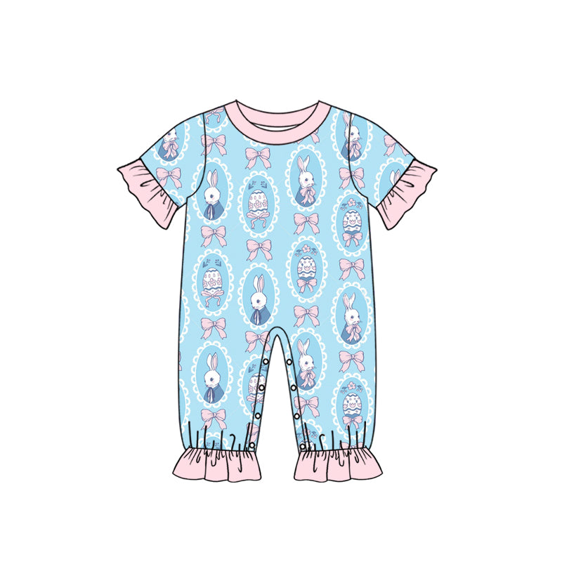 Preorder (moq 5) Baby Girl Clothes Easter Egg Bunny Bow Frame Allover Print Short Sleeve Ruffle Button Romper