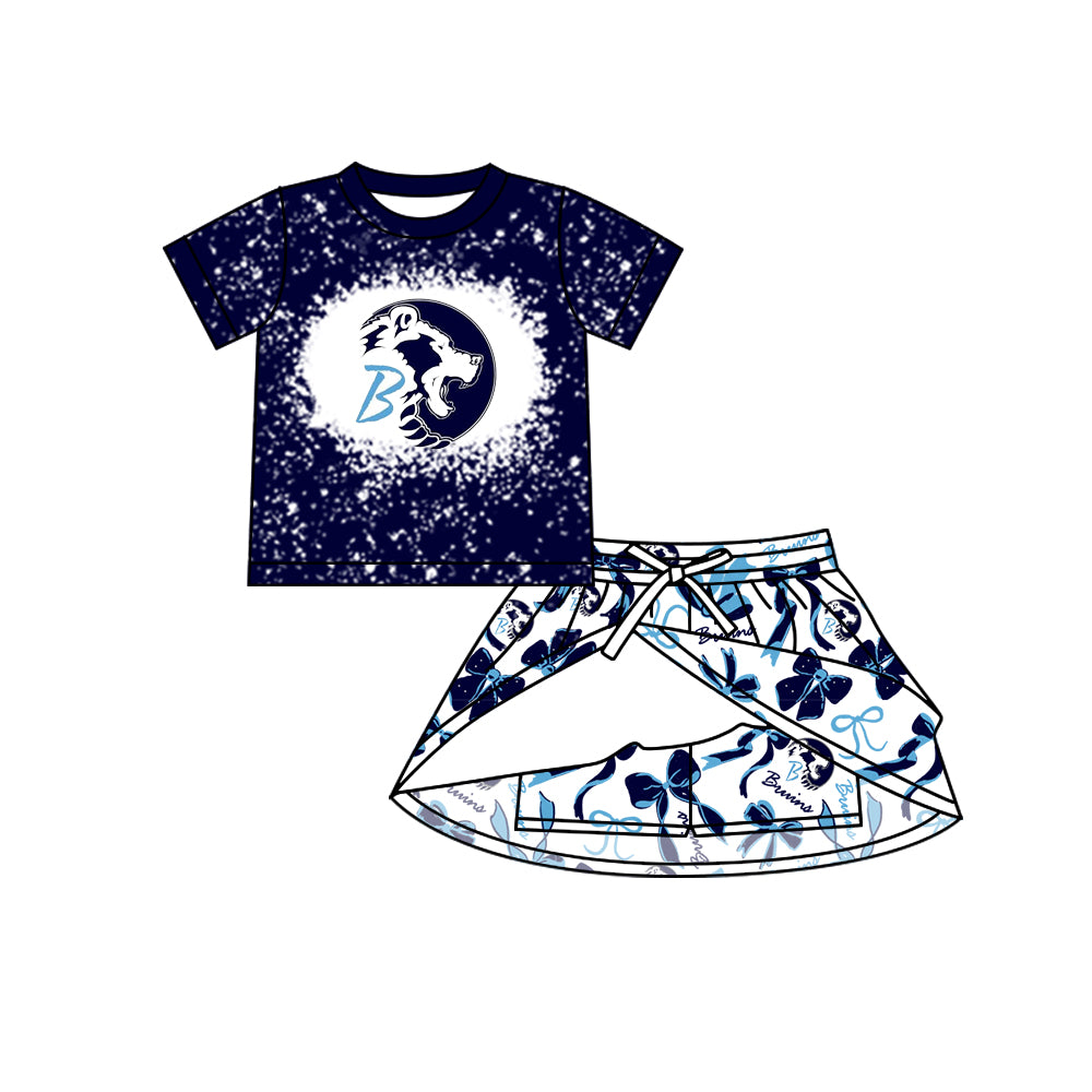 Preorder (moq 5)Baby Girls Navy Short Sleeves Bruins Top Bows Skorts Team Sets