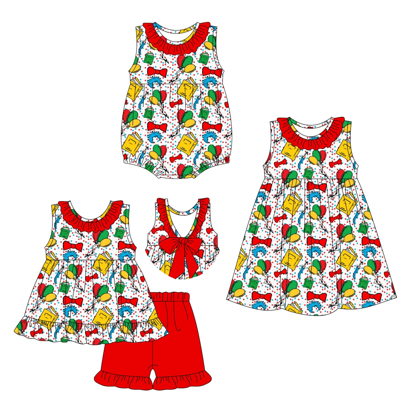 Preorder moq 5 Custom Baby Girls Red Sleeveless Dr Reading Balloons Tunic Ruffle Short Set Knee Length Dress Rompers