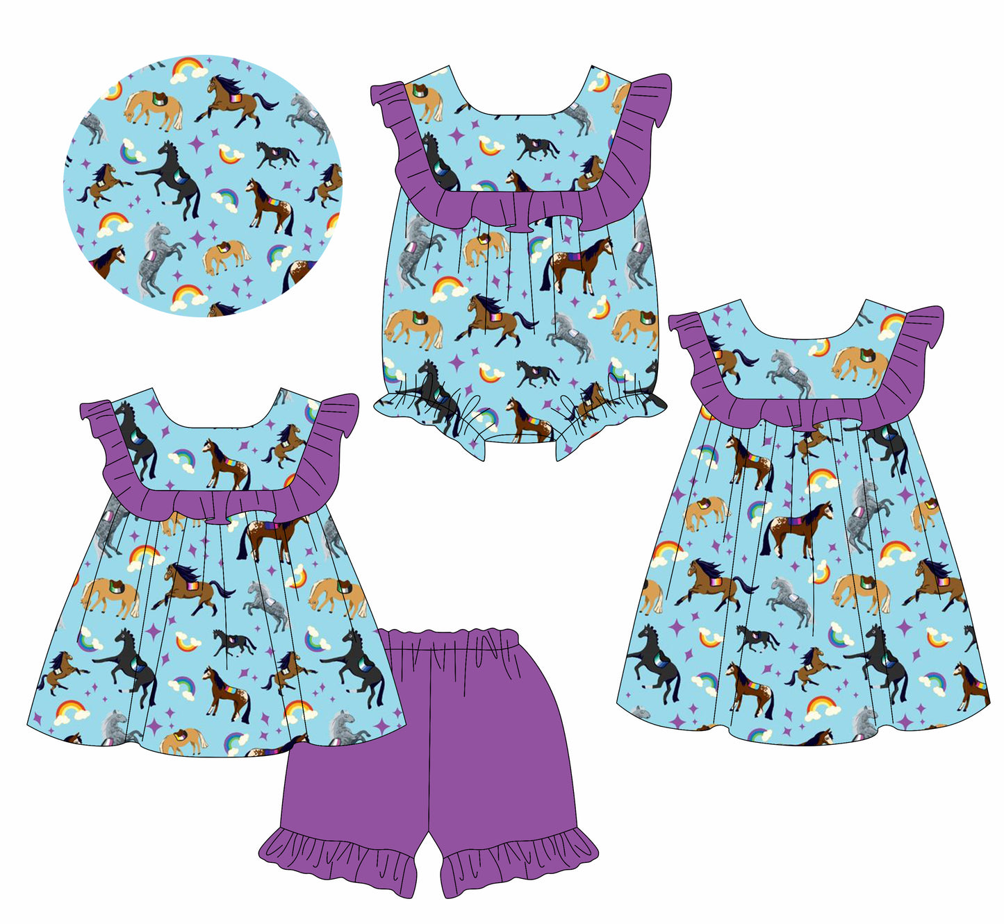 Preorder moq 5 Custom Baby Girls Purple Sleeveless Rainbows Horses Tunic Ruffle Short Set Knee Length Dress And Rompers
