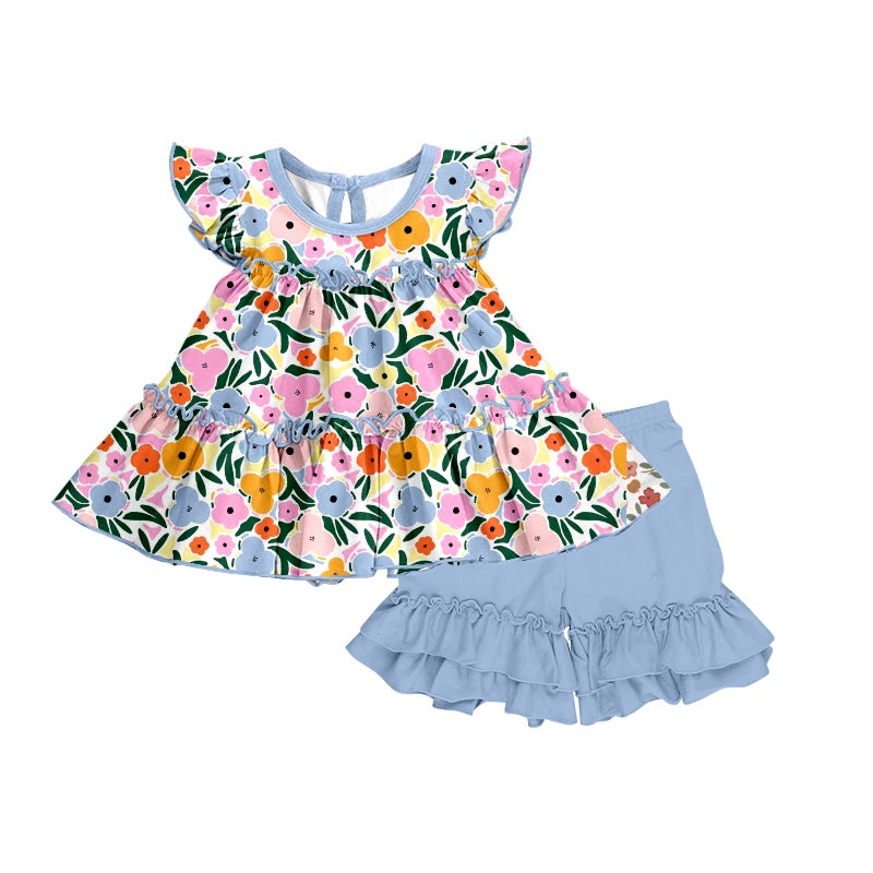 Baby Girls Blue Flowers Flutter Sleeve Tunic Ruffle Shorts Sets preorder (moq 5)