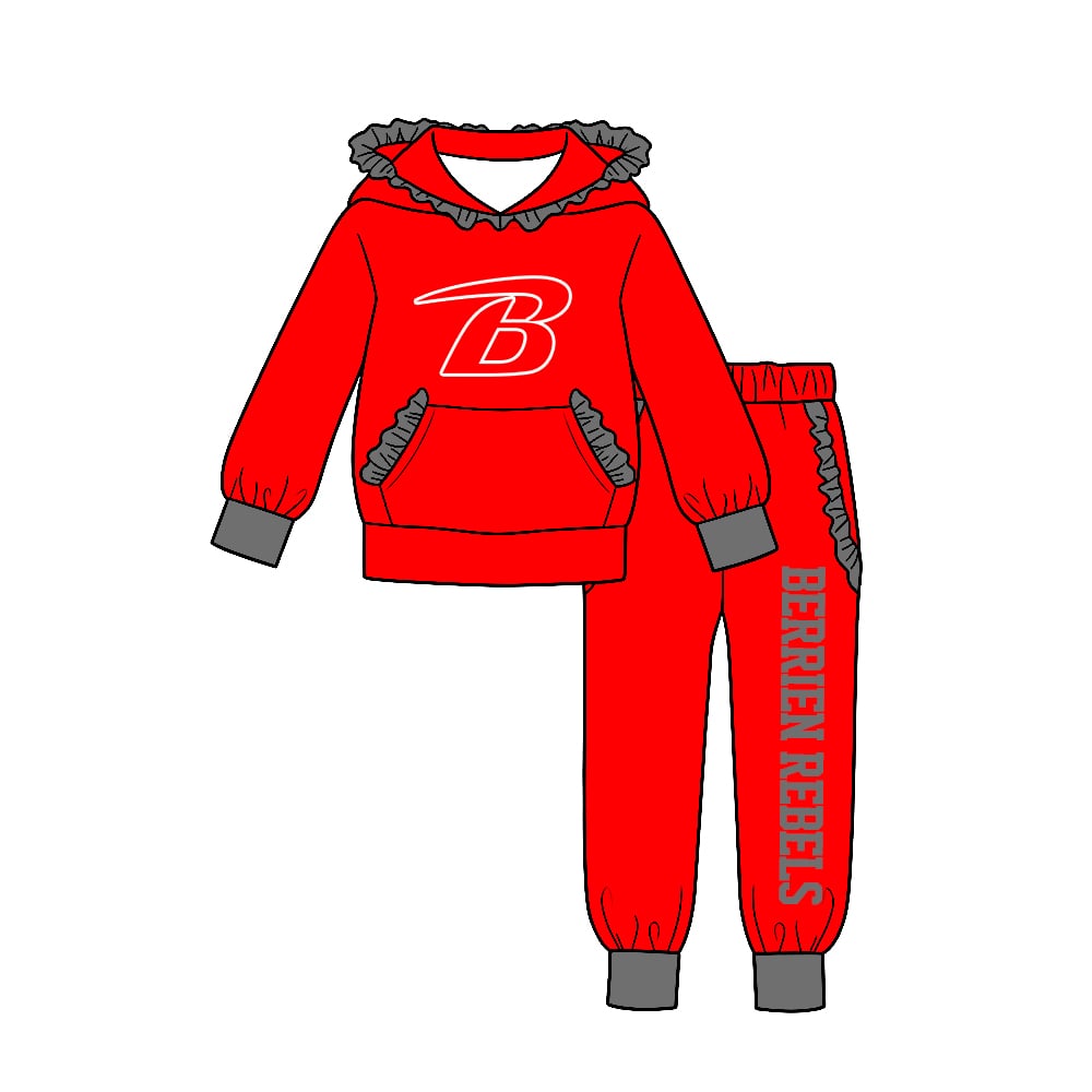 Preorder (moq 5)Berrien Rebels Baby Girls Pocket Ruffle Hoodie Joggers Team Clothes Set