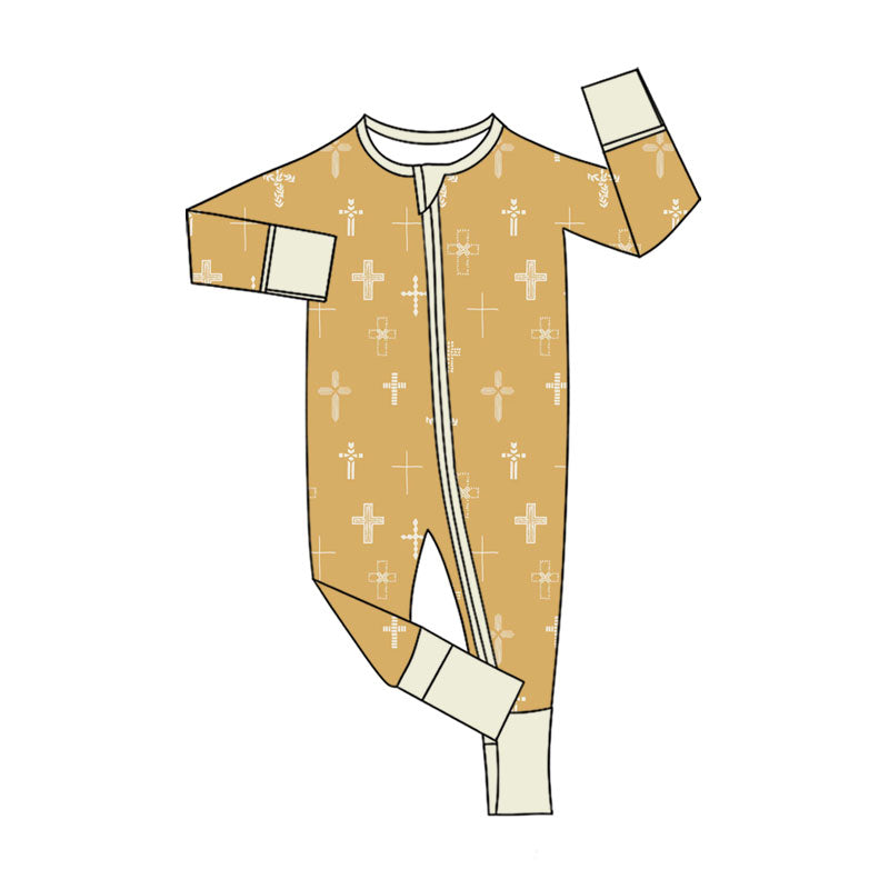 Preorder (moq 20)Baby Boys Bamboo Crosses Easter Two Way Zip Convertible Rompers
