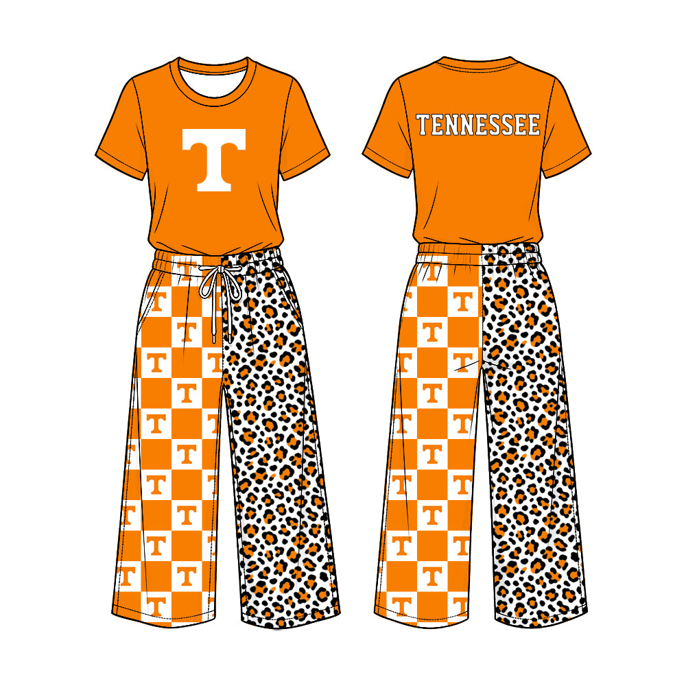 Preorder (moq 5) Baby Girl Clothes Tennessee Volunteers T Logo Checker Leopard Mixed Print Short Sleeve Top Wide Leg Pant Outfit Set