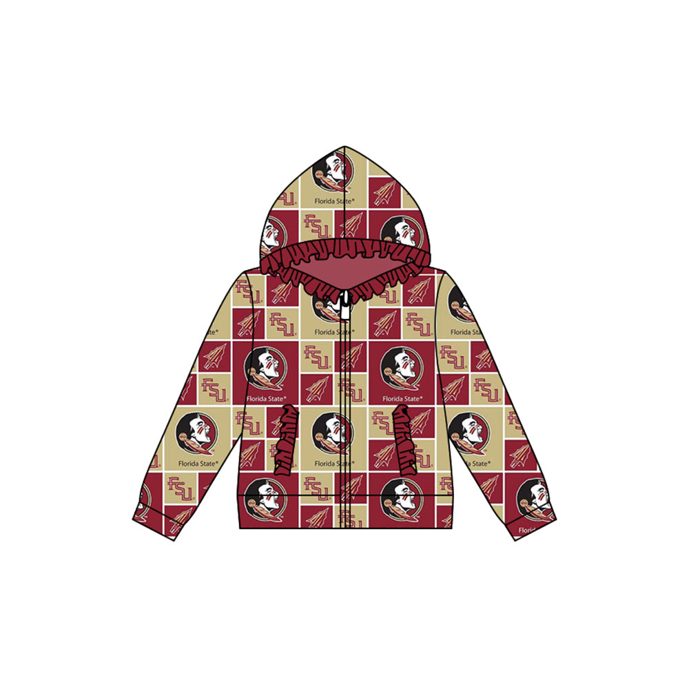 Preorder (moq 5)Baby Girls Fsu Team Football Hooded Zip Ruffles Tops Jackets