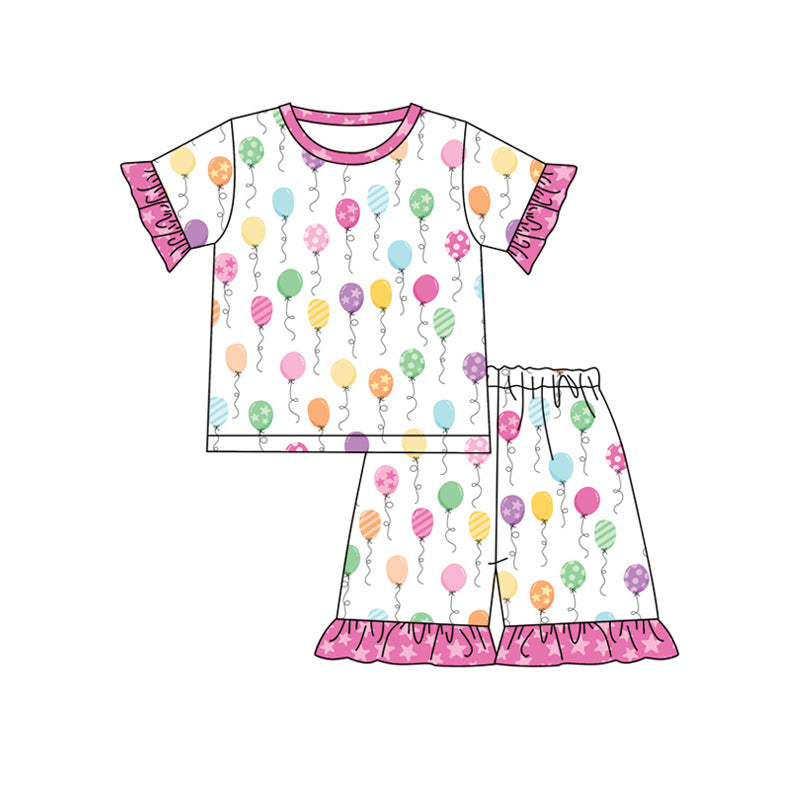 Preorder (moq 5)Baby Girls Balloon Birthday Shirt Top Shorts Pajamas Clothes Sets