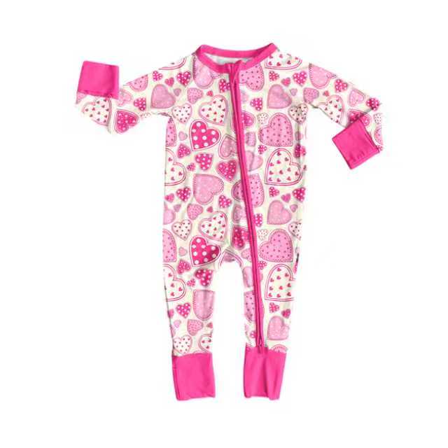 Preorder (moq 20)Baby Girls Bamboo Pink Hearts Valentine Zippy Footie Rompers