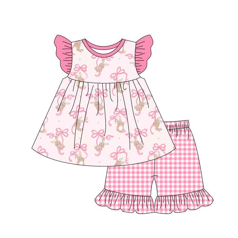 Preorder (moq 5)Baby Girls Easter Rabbits Bows Top Checkered Shorts Clothes Sets