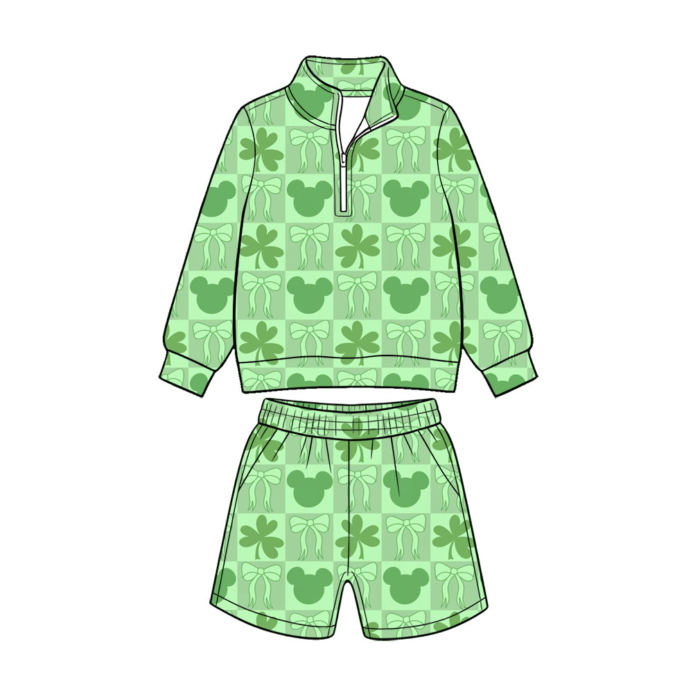 Preorder (moq 5) Baby Girl Clothes St Patrick Checkered Mouse Shamrock Bow Print Long Sleeve Quarter Zip Top Short Set