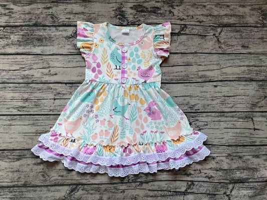 Baby Girls Easter Chicken Rabbits Ruffle Knee Length Dresses