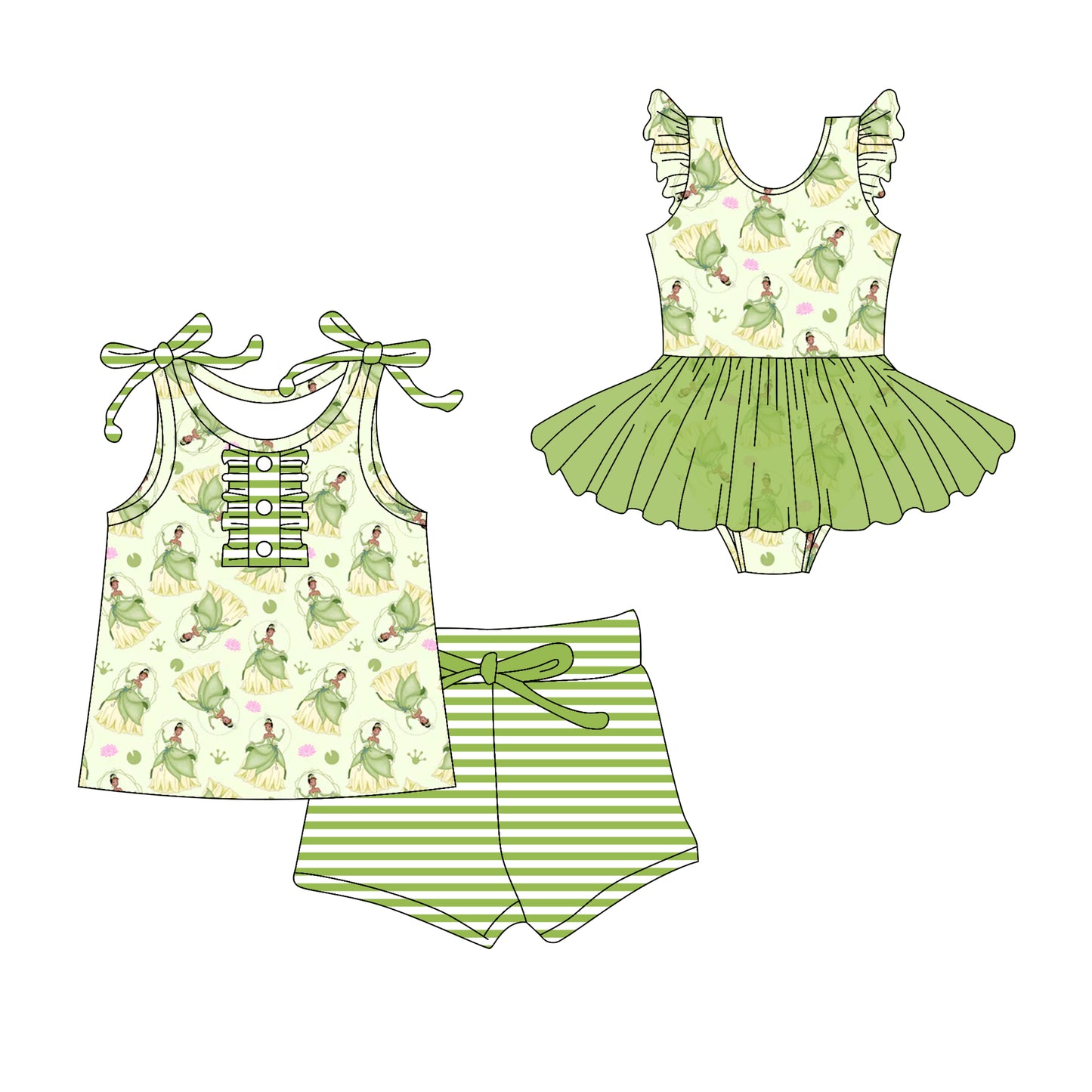 Preorder moq 5 Custom Baby Girls Green Strap Frogs Princess Button Top Stripe Short Set Skort Bummise Romper