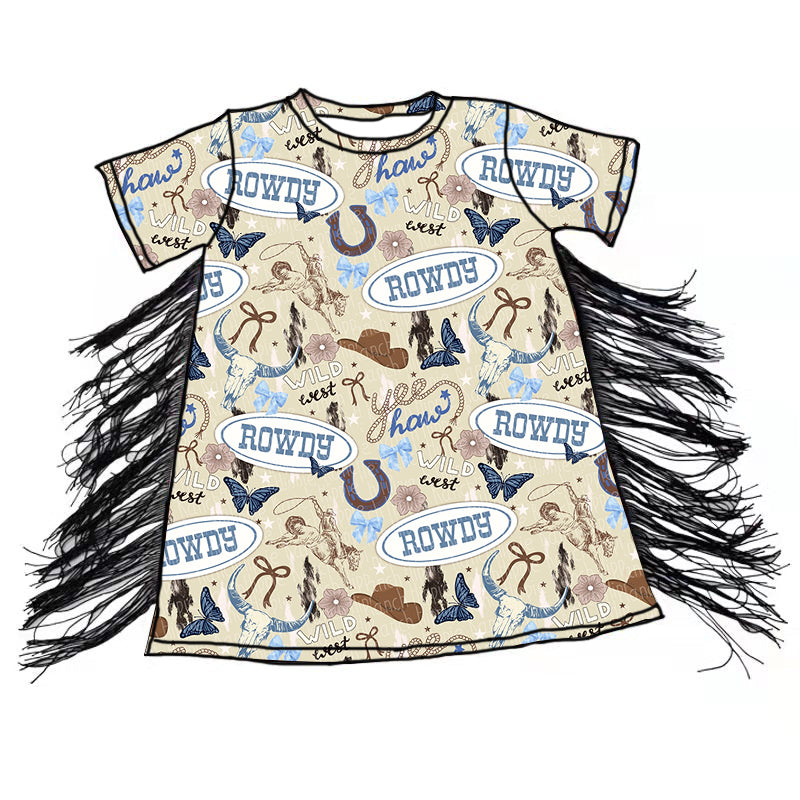 Preorder (moq 5)Baby Girls Western Howdy Horse Tassel Knee Length Dresses