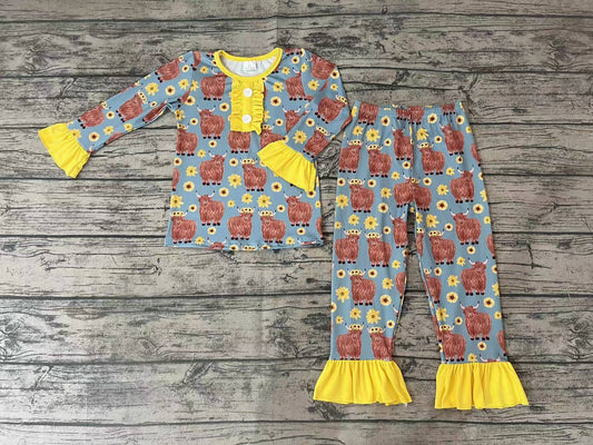 Baby Kids Fall Highland Cow Sunflowers Pajamas Clothes Sets
