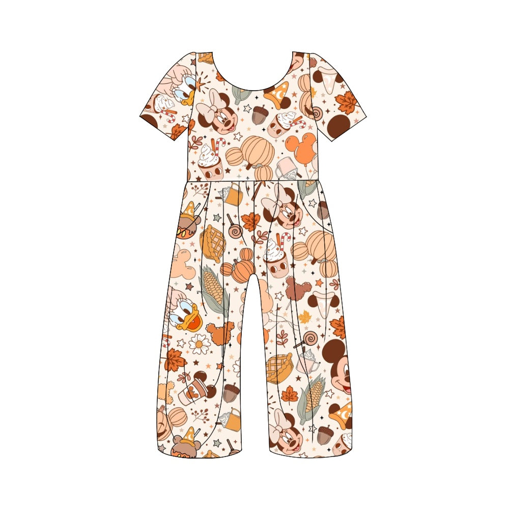Baby Girls Cartoon Fall Flowers Short Sleeve Pants Jumpsuits Preorder