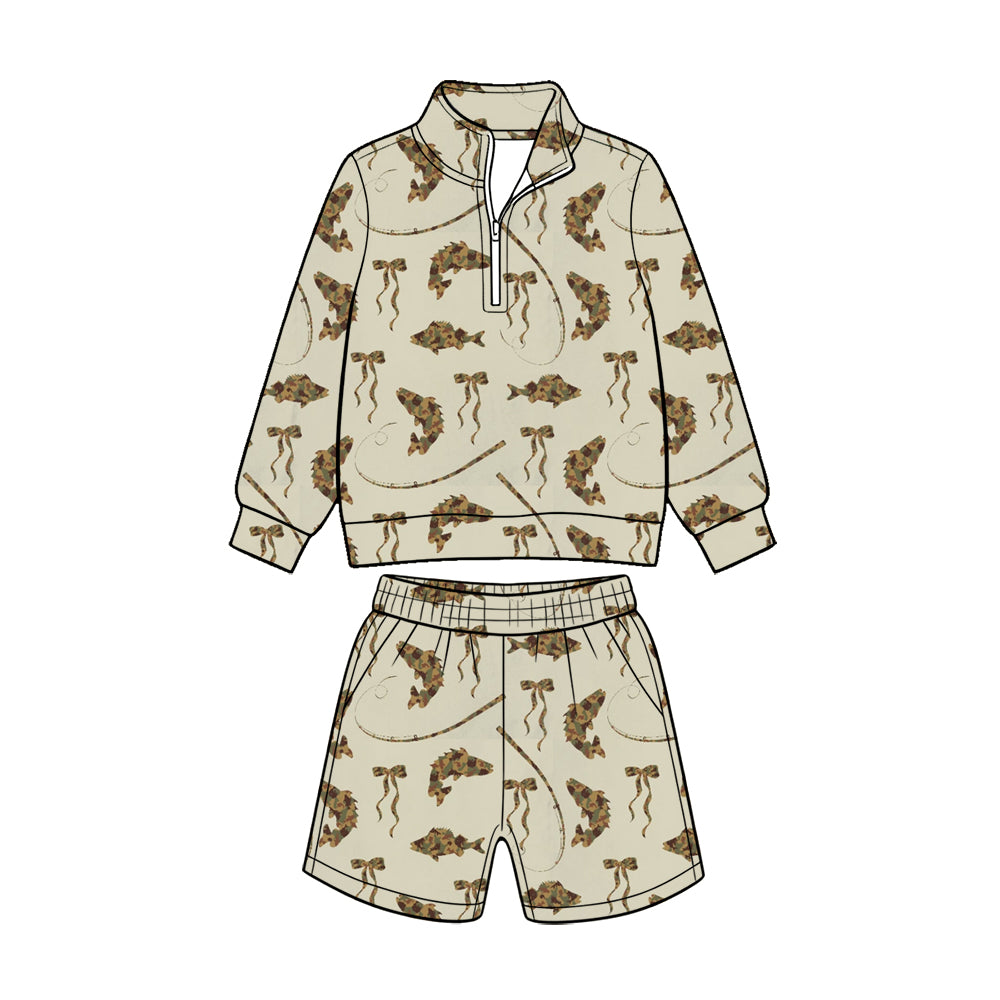 Preorder (moq 5) Baby Girl Clothes Camo Fish Fishing Rod Bow Print Long Sleeve Quarter Zip Top Short Set