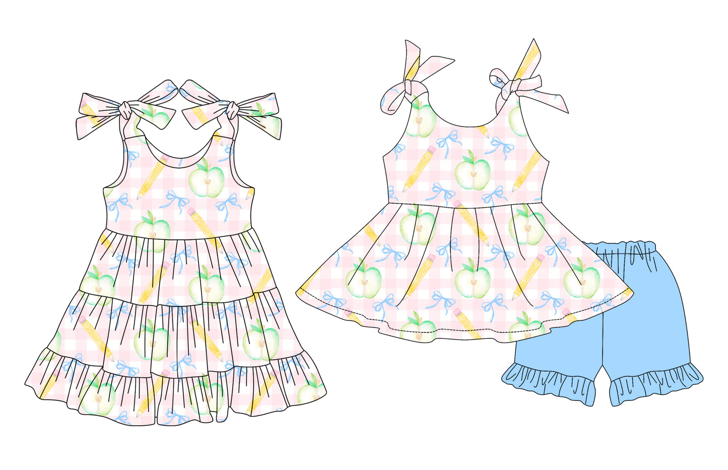 Preorder moq 5 Custom Baby Girls Apples Pencils Tunic Blue Ruffle Short Set Knee Length Dress