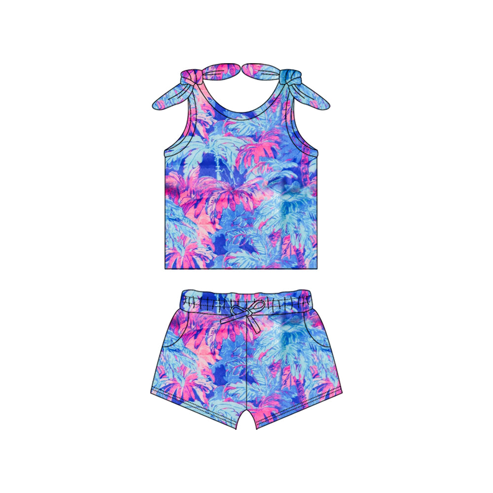 Preorder (moq 5)Baby Girls Blue Bows Strap Watercolor Floral Top Pockets Short Set