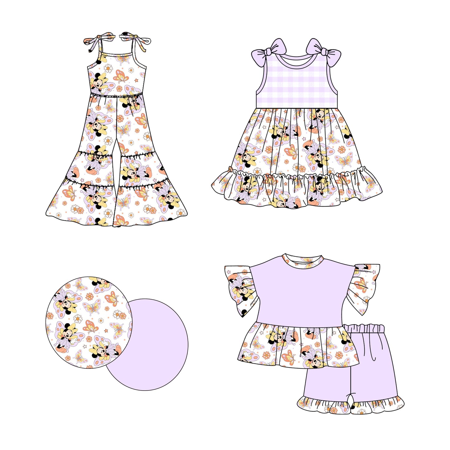 Preorder moq 5 Custom Baby Girls Lavender Stripe Cartoon Mouse Tunic Ruffle Short Sets Knee Length Dress And Jumpsuits