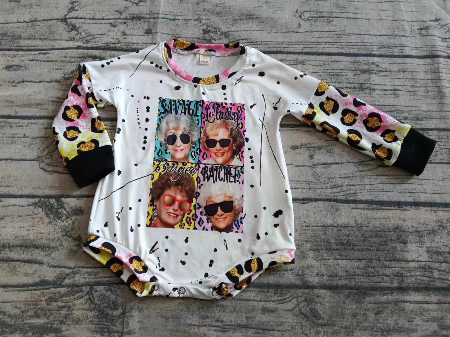 Preorder moq 5 Baby Girls Long Sleeves Colorful Leopard Grandma Rompers