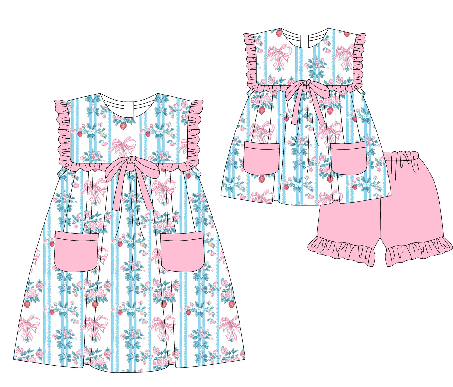 Preorder moq 5 Custom Baby Girls Pink Bows Floral Pockets Tunic Ruffle Short Set Knee Length Dresses