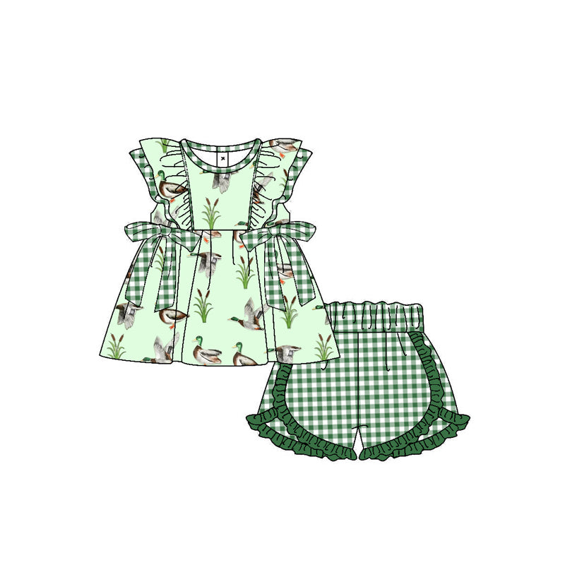 Baby Girls Mallard Ducks Green Bows Ruffle Top Shorts Clothes Sets preorder(MOQ 5)