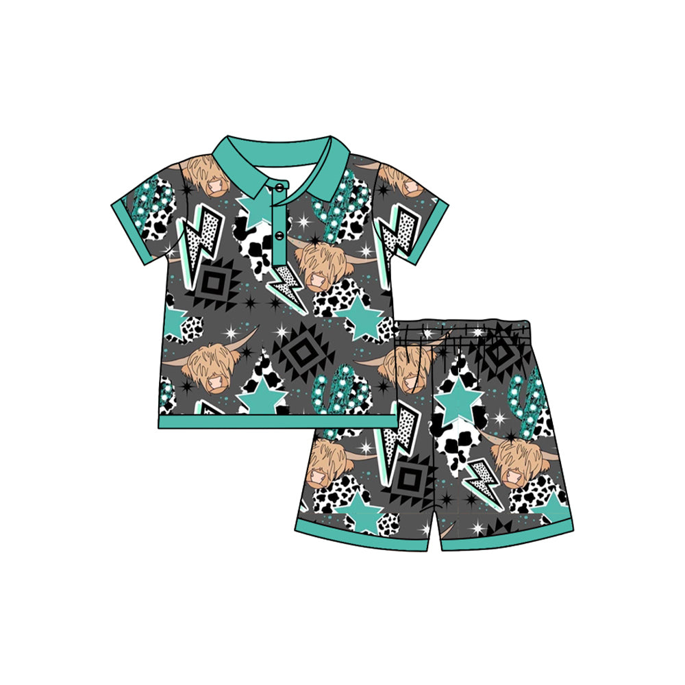 Preorder (moq 5)Baby Boys Western Thunder Cow Aztec Pullover Shirt Shorts Clothes Sets