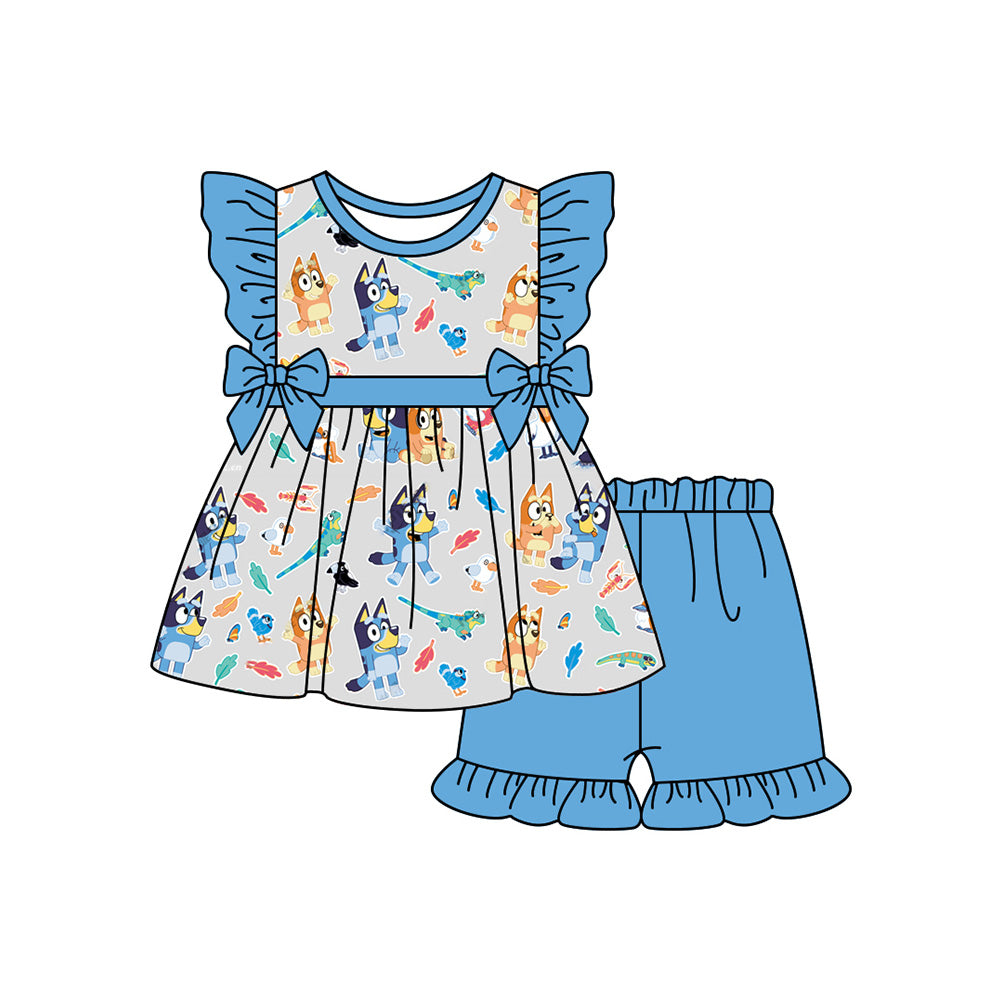 Preorder (moq 5)Baby Girls Blue Dogs Dinosaurs Bows Tunic Top Ruffle Shorts Clothes Sets