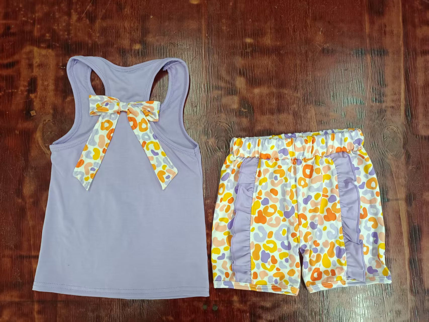 Preorder moq 5 Baby Girls Lavender Sleeveless Pocket Top Colorful Leopard Ruffle Short Set