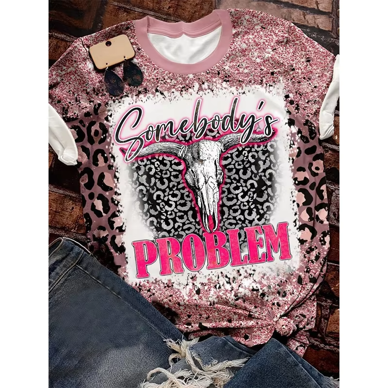 Preorder moq 5 Adult Women Western Leopard Somebody's Problem Bleached Tee Shirts Tops