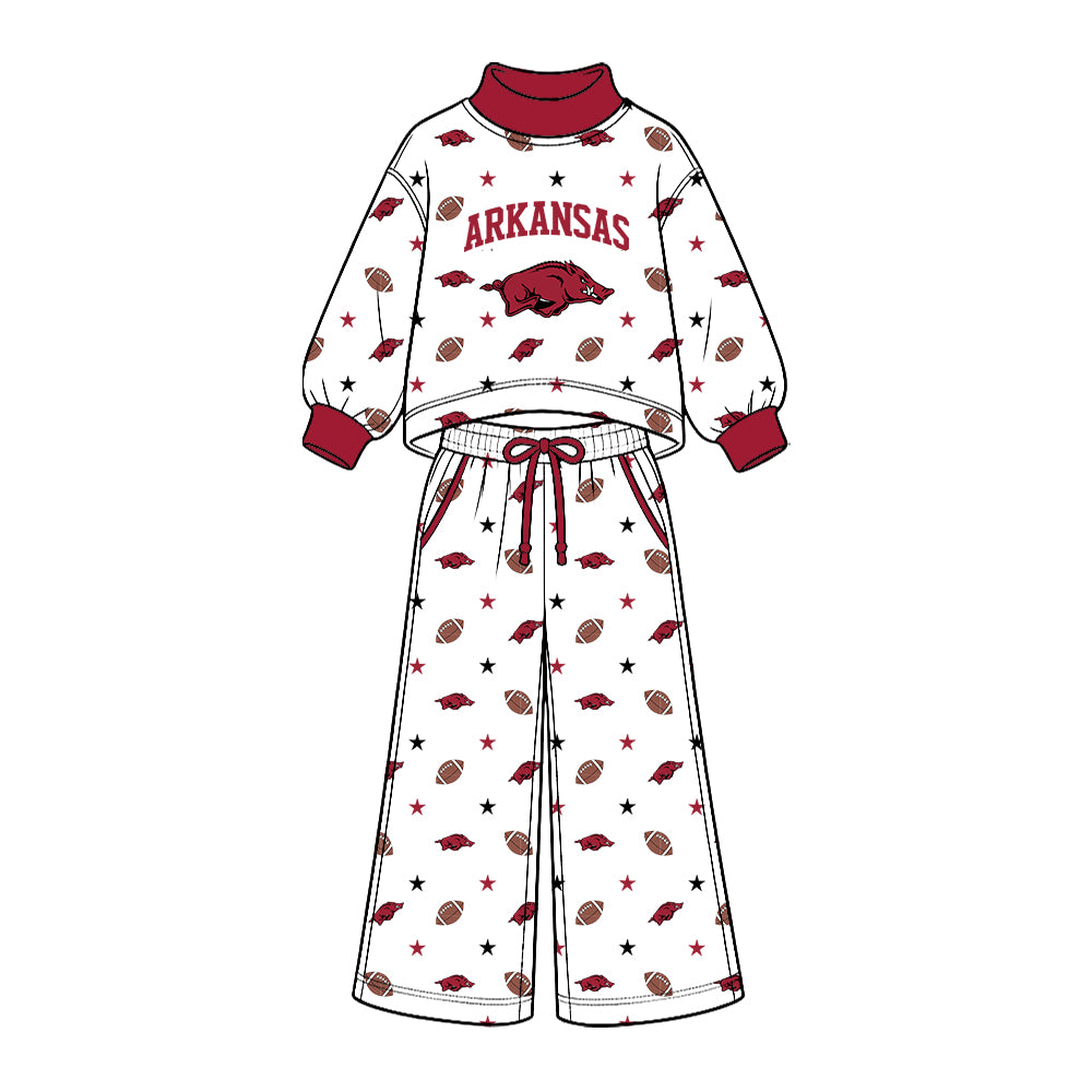 Preorder (moq 5) Baby Girl Clothes Arkansas Razorbacks Boar Football Star Allover Print Long Sleeve Mock Neck Top Wide Leg Pant Outfit Set
