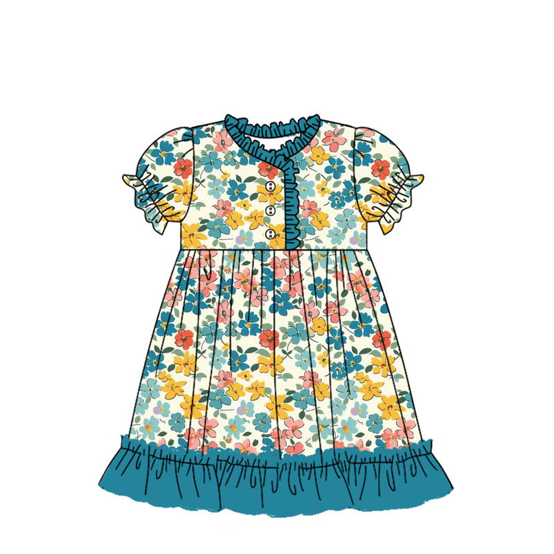 Preorder (moq 5)Baby Girls Dark Green Flowers Spring Ruffle Knee Length Gowns Dresses