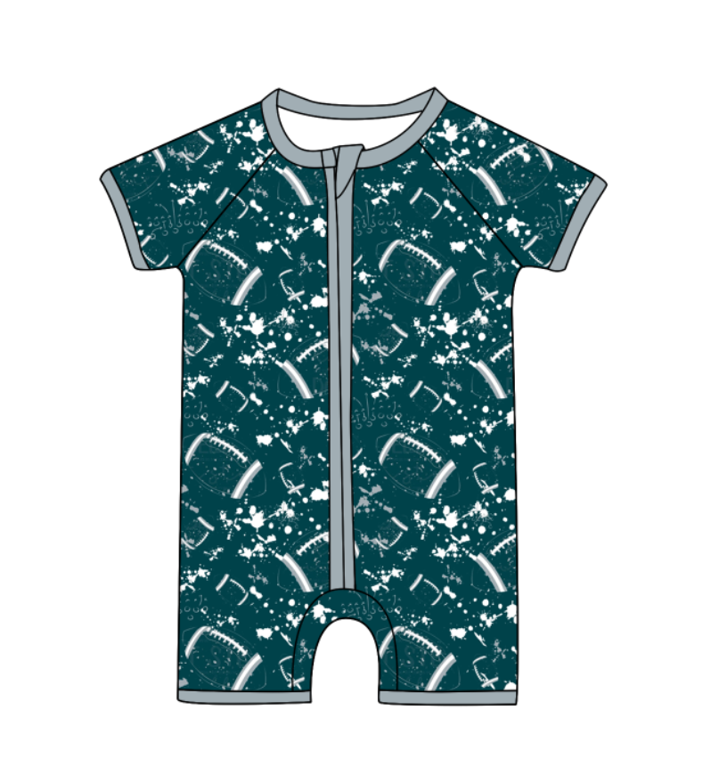 Preorder (moq 5)Baby Boys Short Sleeve Tie-dye Footballs Print Team Zip Rompers