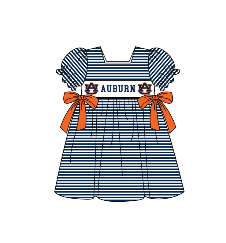 Preorder (moq 5)Baby Girls Short Ruffle Sleeve Navy Stripe Auburn Team Knee Length Dress