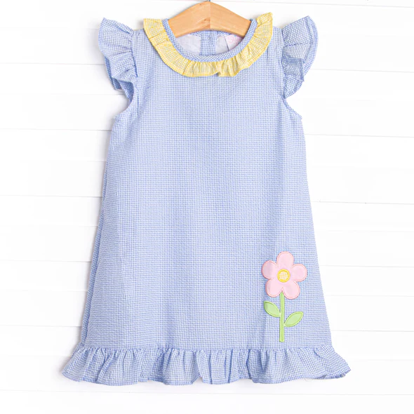 Preorder moq 5 Baby Girls Blue Flutter Sleeves Flowers Knee Length Dresses