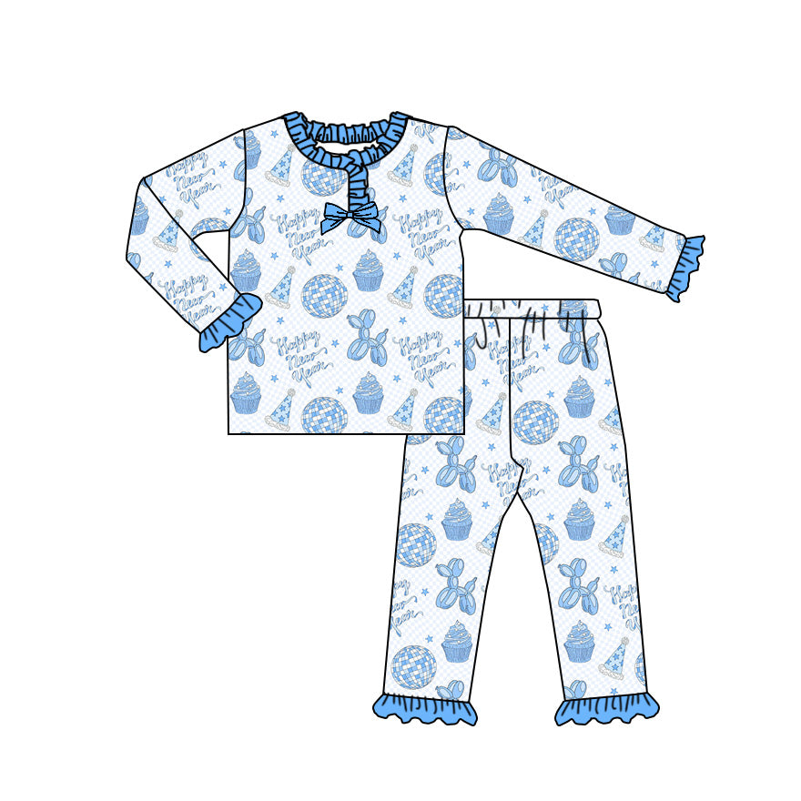Preorder (moq 20)Baby Girls Bamboo Balloon Dogs Happy New Year Pajamas Sets