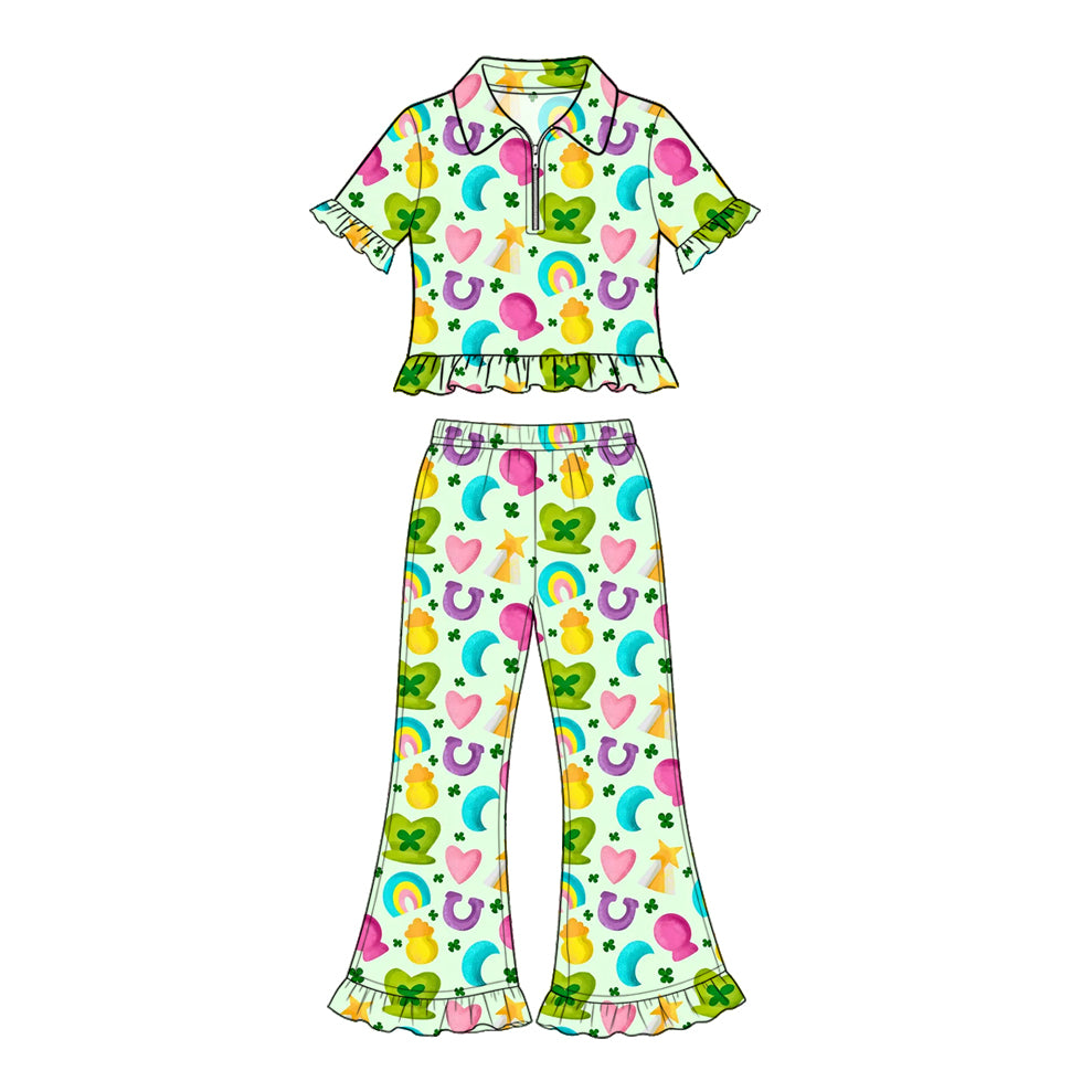 Preorder (moq 5) Baby Girl Clothes St Patricks Rainbow Clover Horseshoe Mixed Print Short Sleeve Ruffle Flare Pant Set