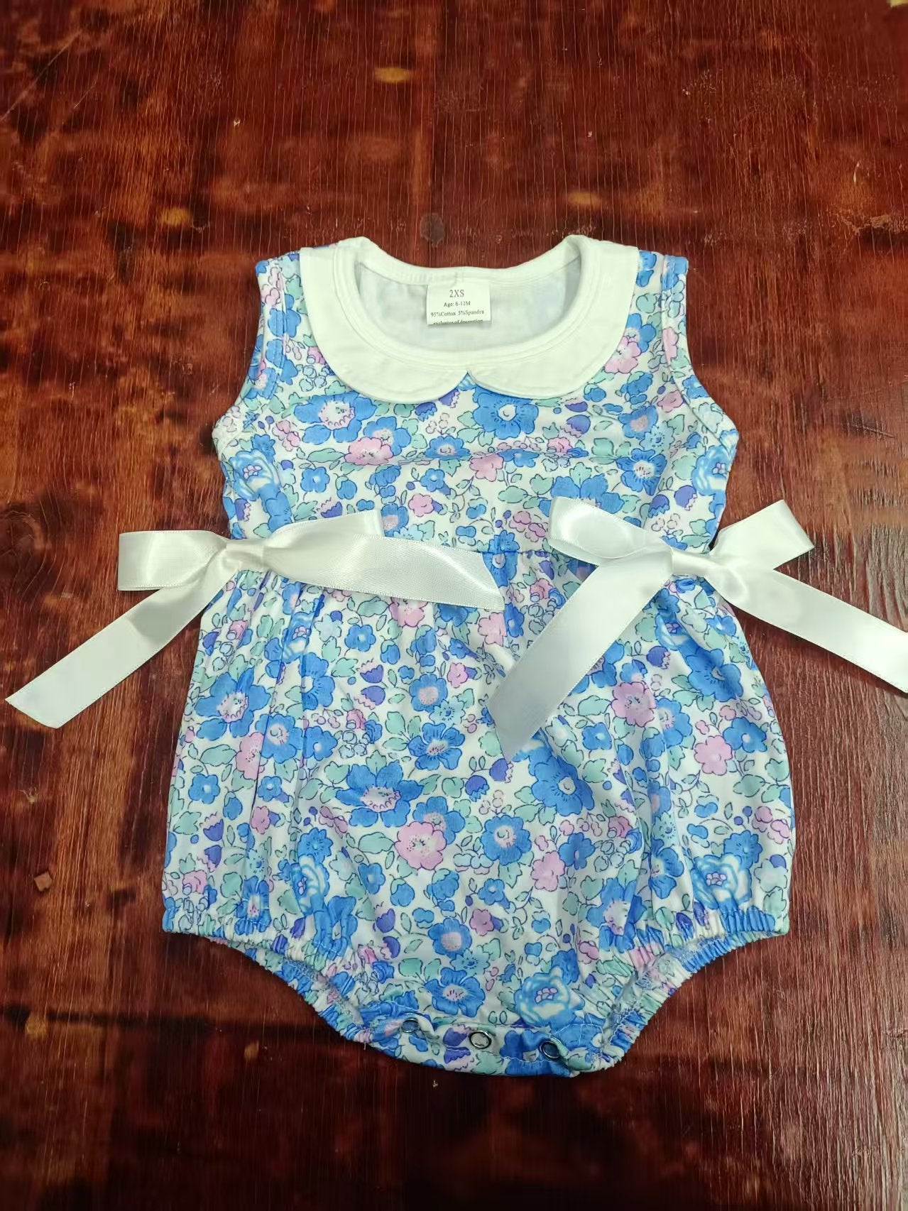 Preorder moq 5 Baby Girls Sleeveless Blue Floral Bows Ruffle Rompers